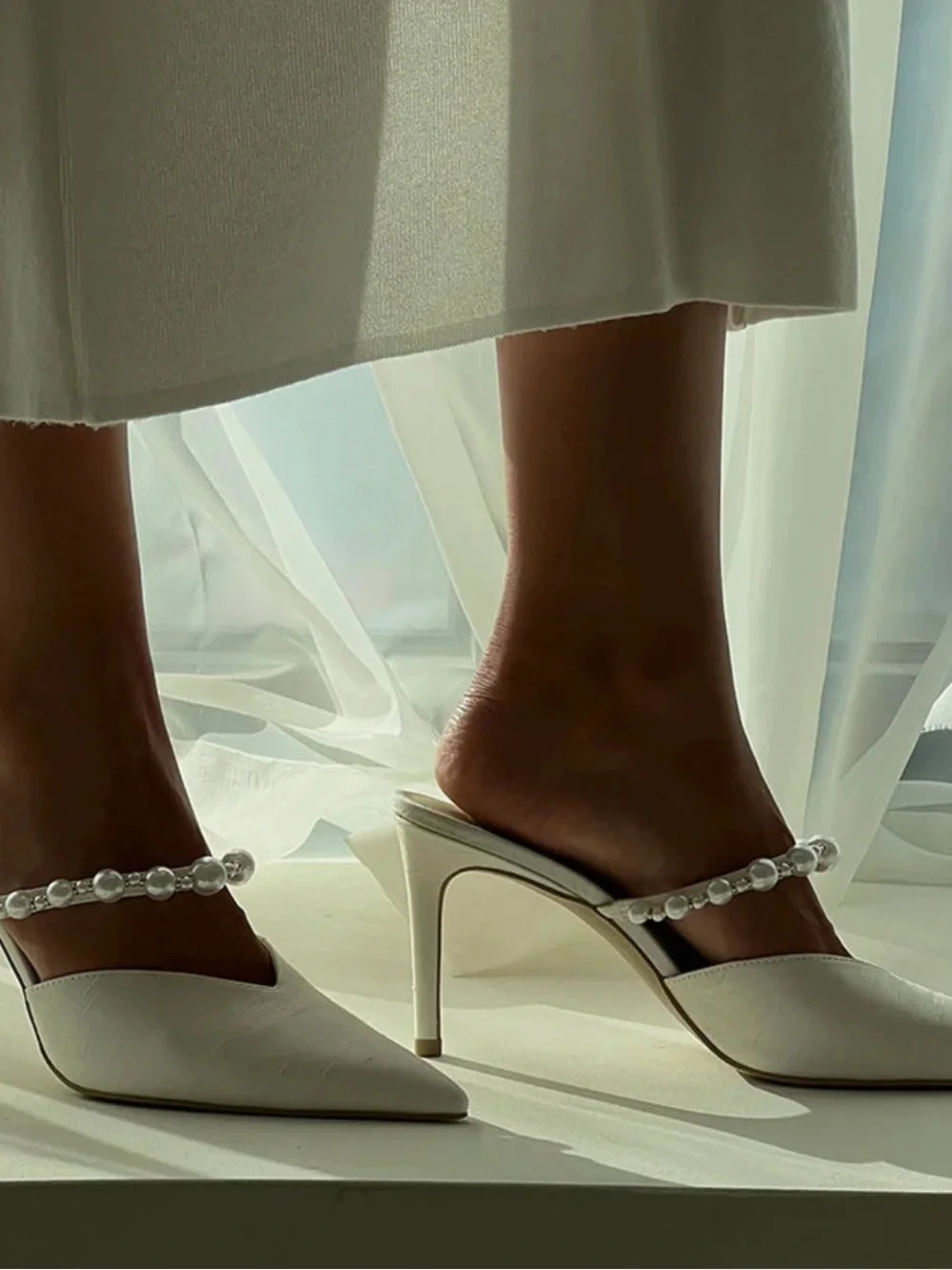 Dolce Vita Ivory Pearl-Embellished Pointed Mule Heels